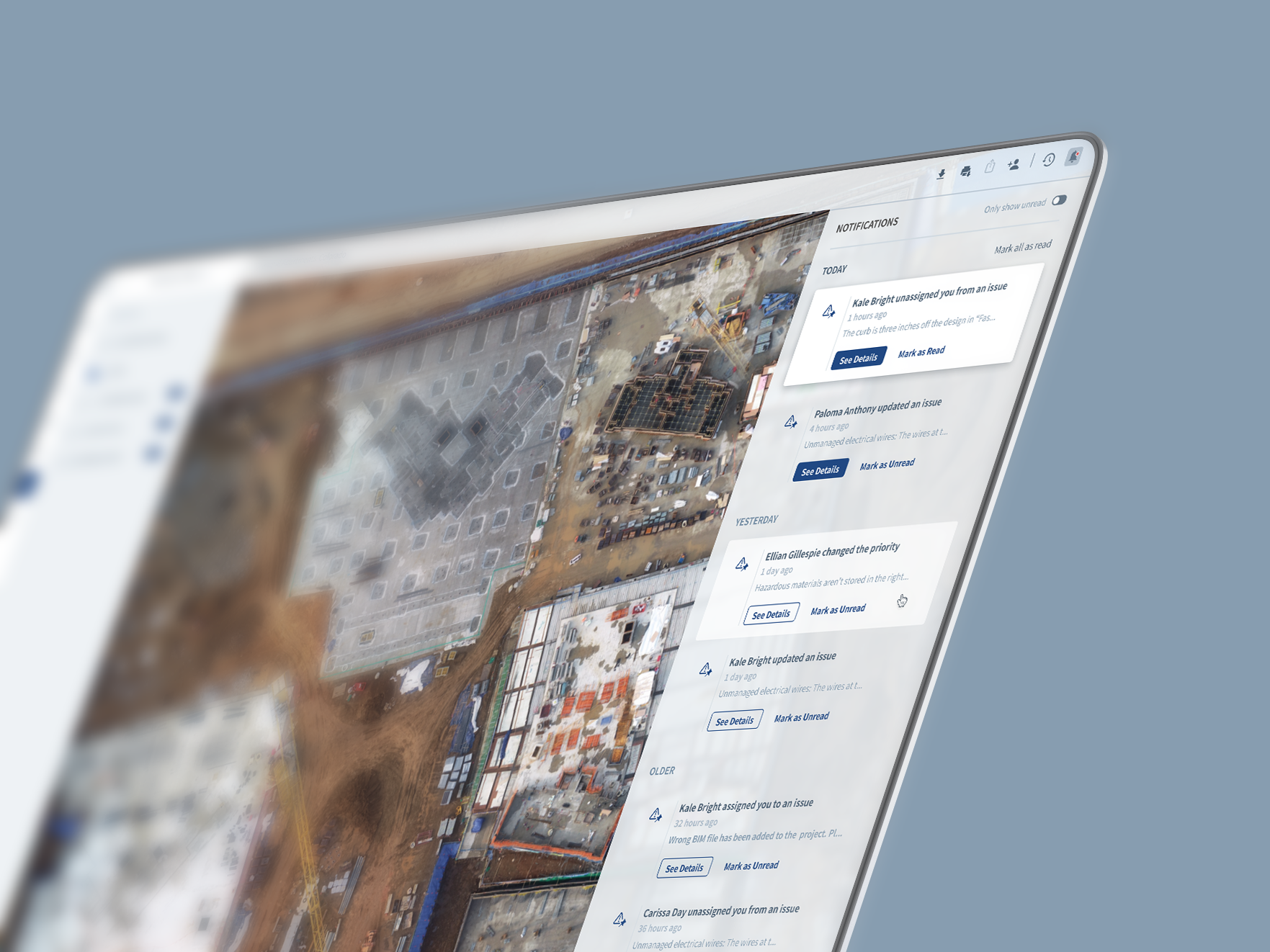 The notification panel over a drone map of a construction site