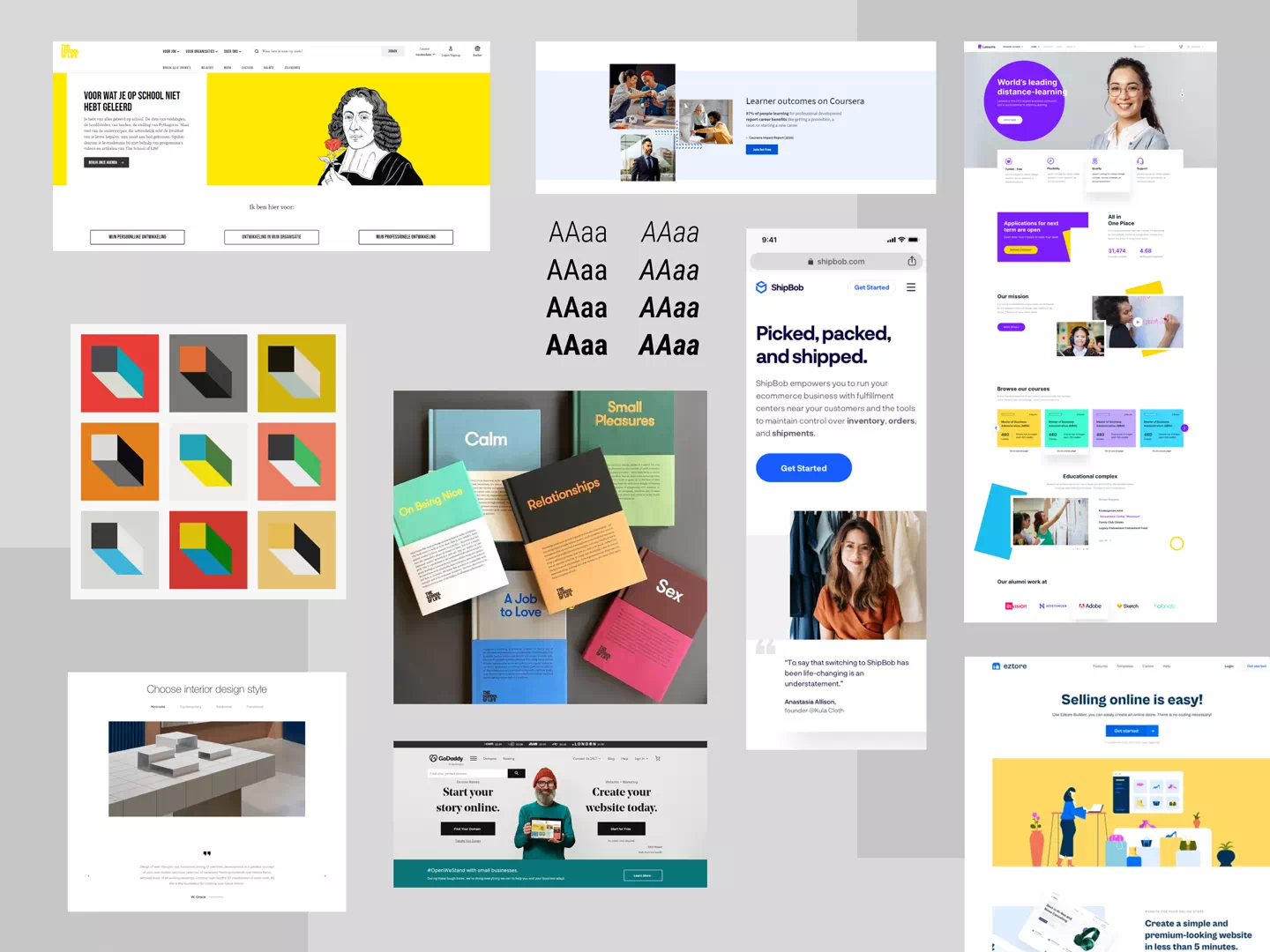A moodboard of websites, type and colour