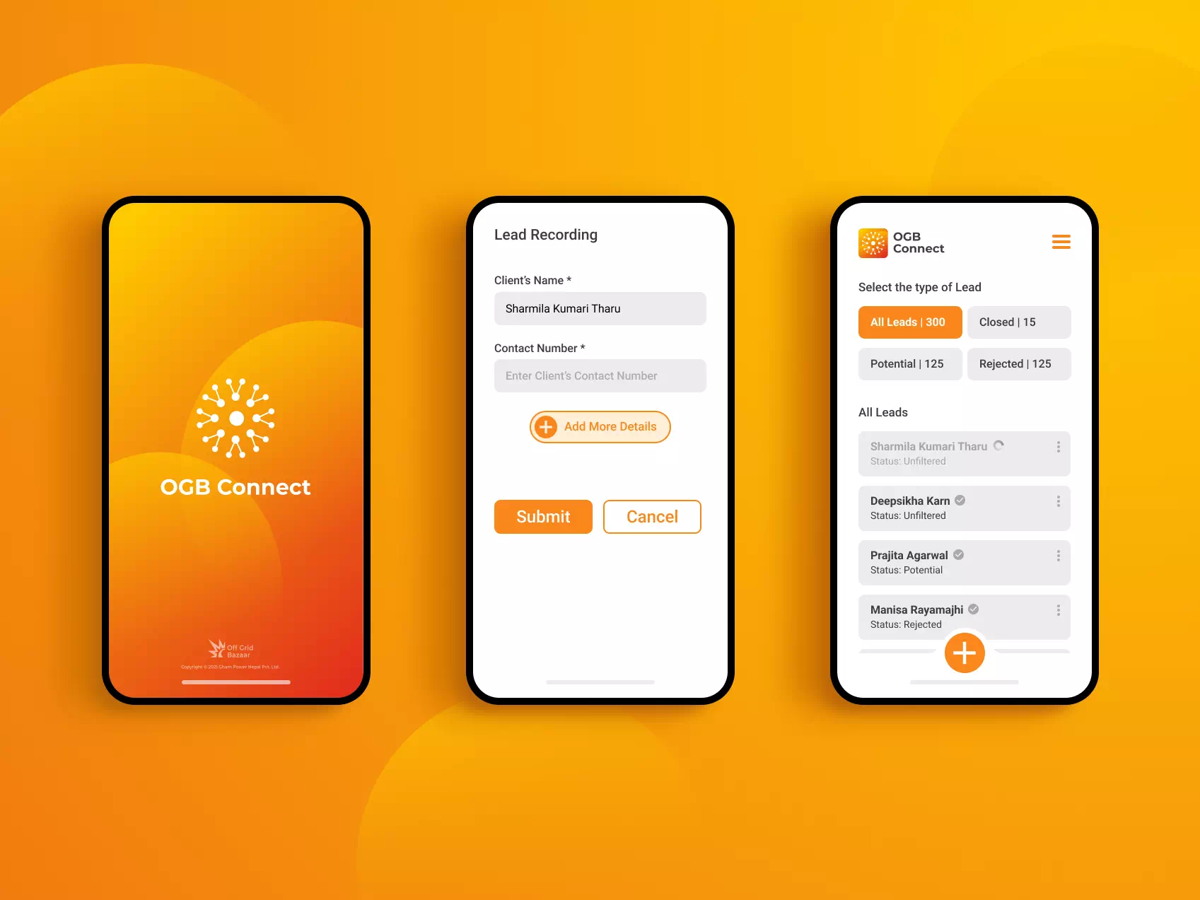 Three key screens of the lead collection app