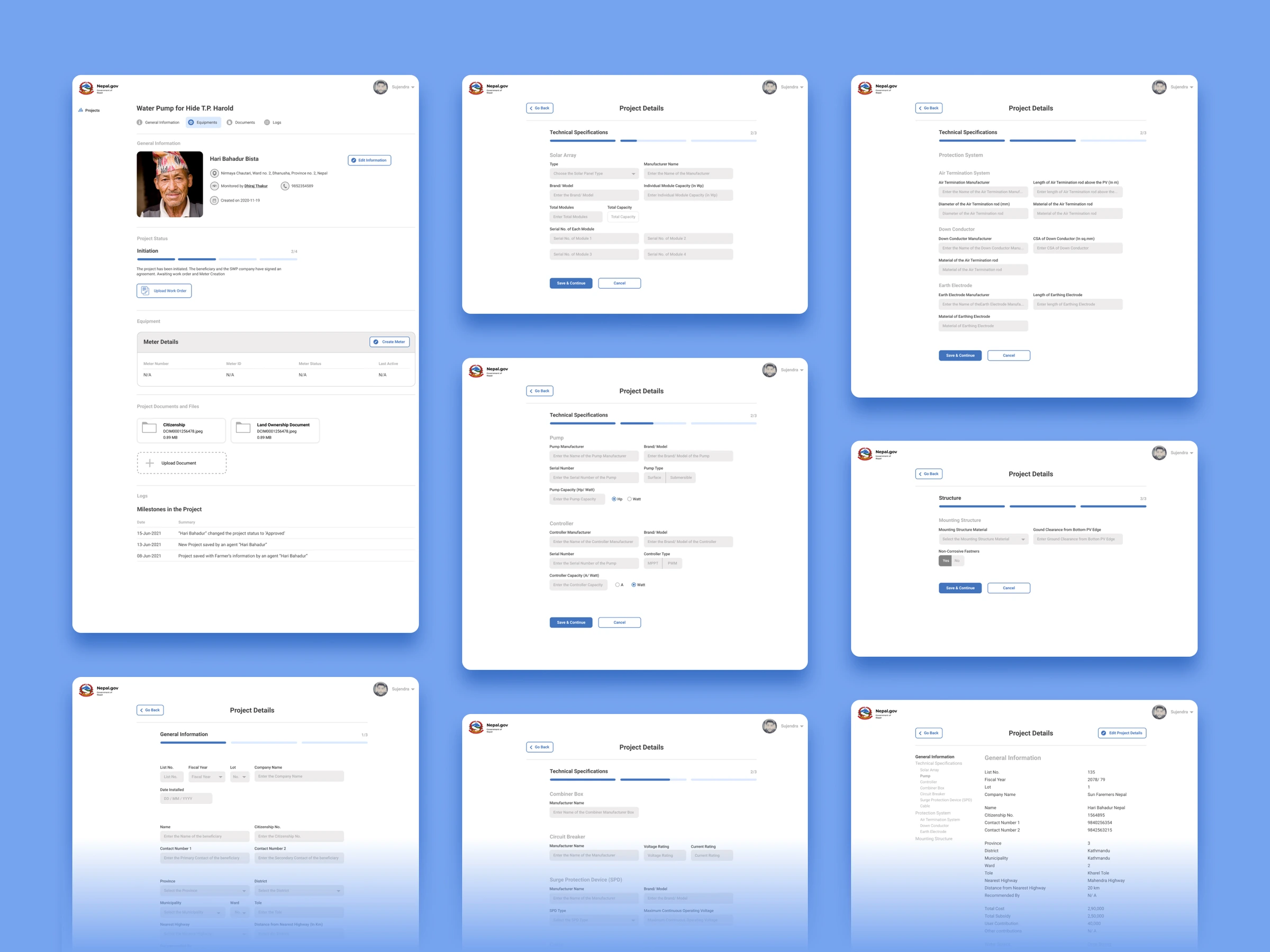 The multi-step project creation forms