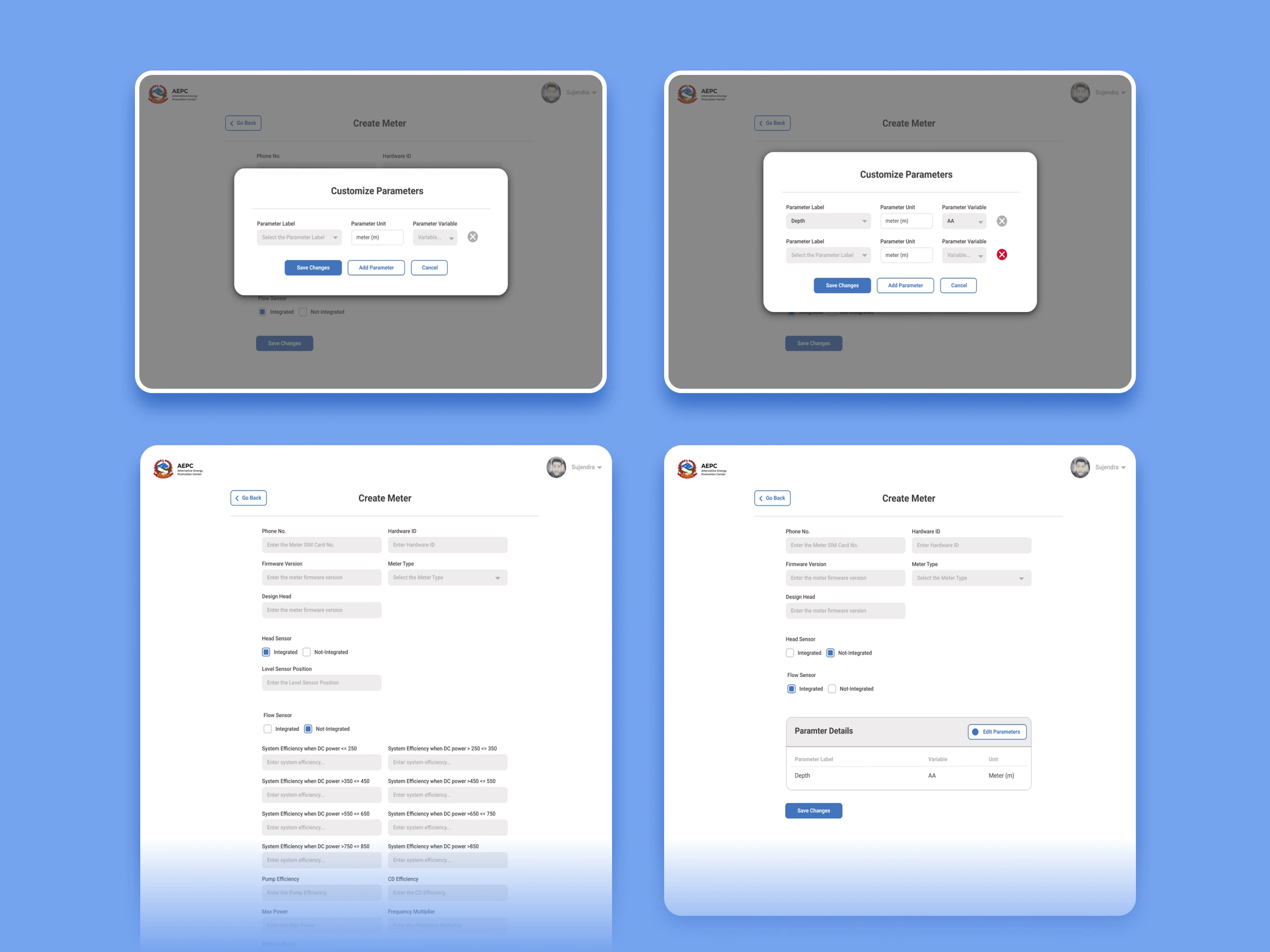 Screens for customizing the device parameters