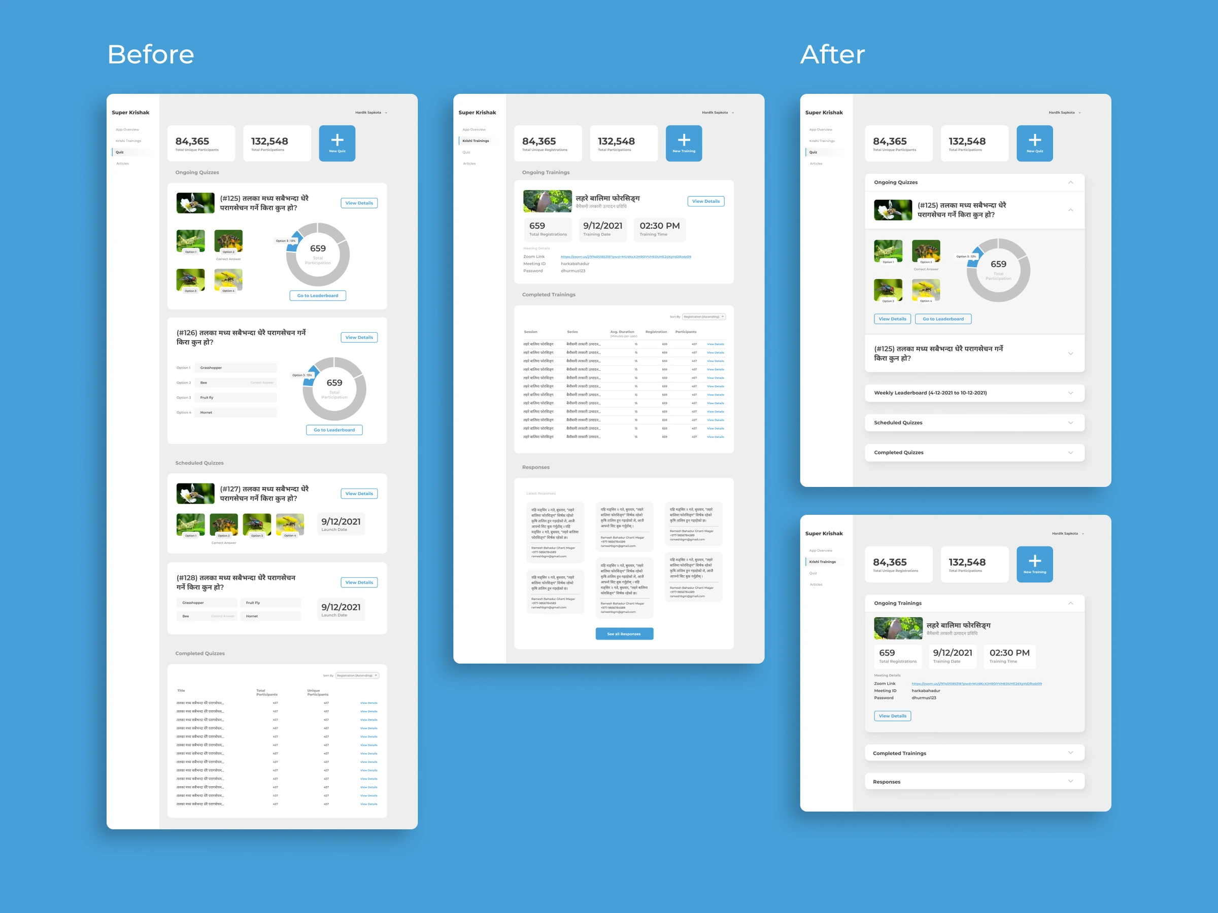 Before and after layouts of the quiz control screens