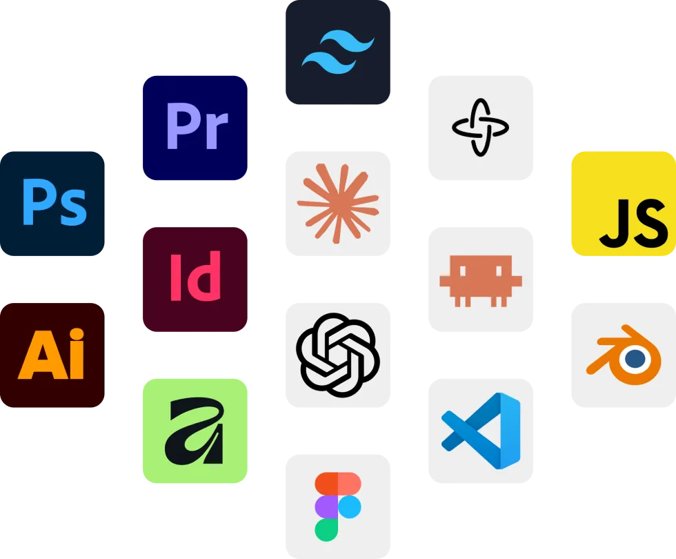 Tools: Photoshop, Illustrator, InDesign, Premiere Pro, Affinity, Tailwind CSS, Claude, OpenAI, Figma, VS Code, JavaScript, Blender and more